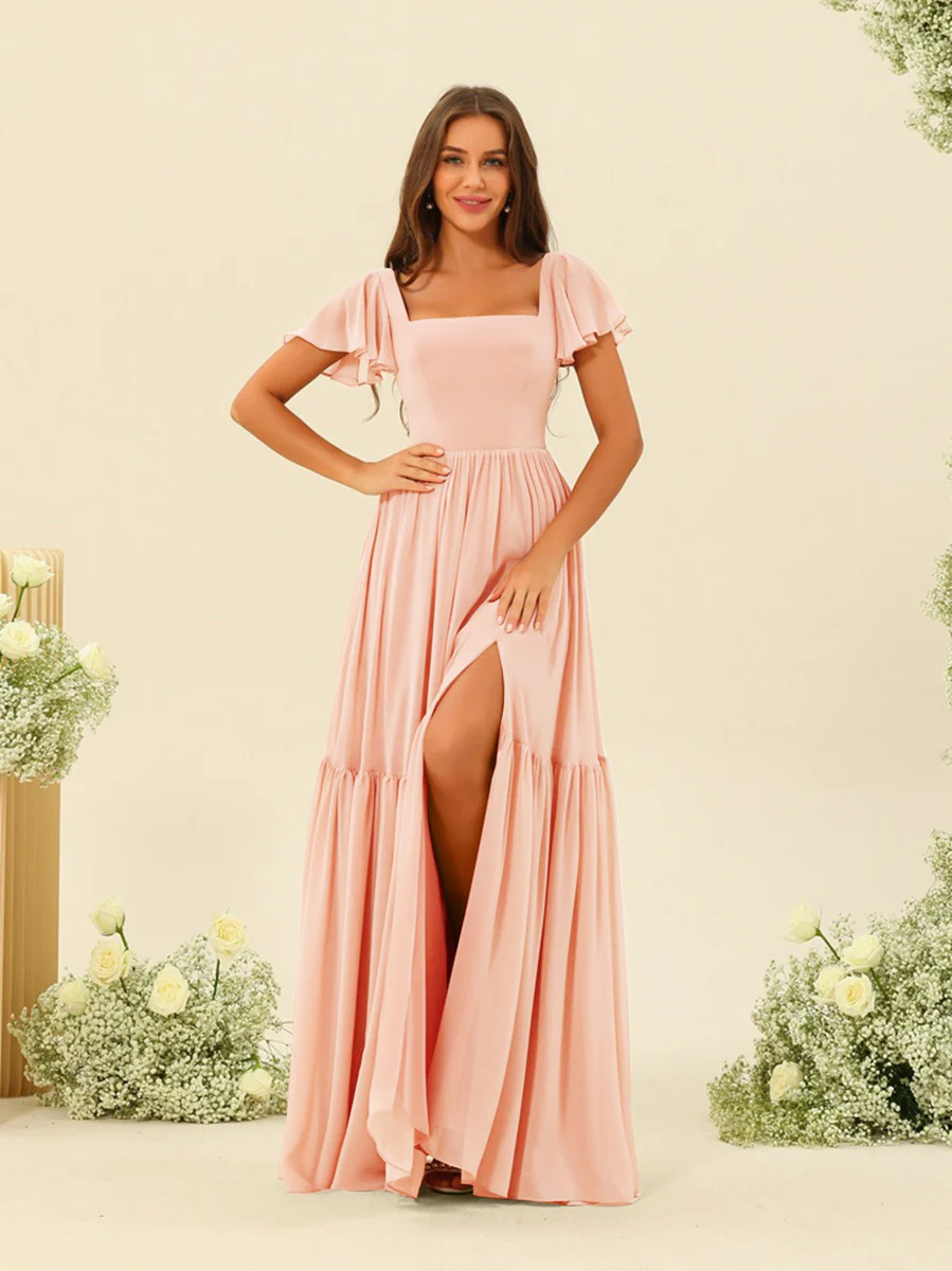 A-Line/Princess Ruffles Floor-Length Short Sleeves Bridesmaid Dresses - Image 55