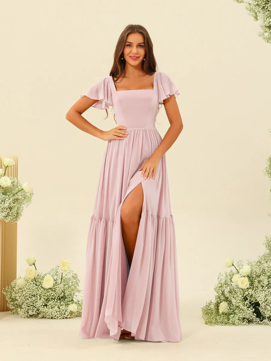 A-Line/Princess Ruffles Floor-Length Short Sleeves Bridesmaid Dresses - Image 57