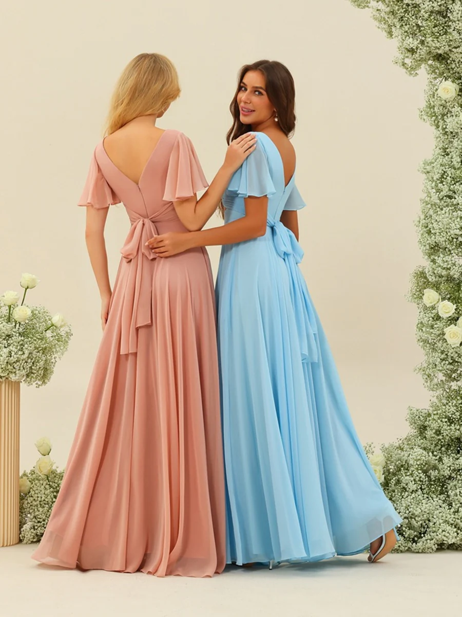 A-Line/Princess Ruffles V-Neck Short Sleeves Bridesmaid Dresses With Bowknot - Image 10