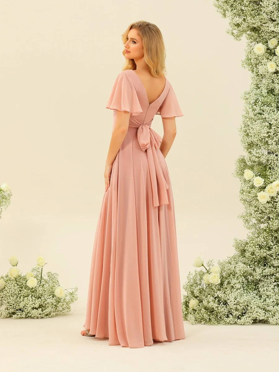 A-Line/Princess Ruffles V-Neck Short Sleeves Bridesmaid Dresses With Bowknot - Image 3