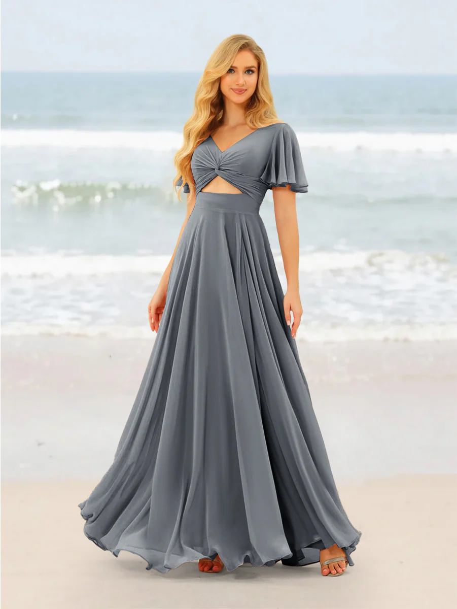 A-Line/Princess Ruffles V-Neck Short Sleeves Bridesmaid Dresses With Bowknot - Image 32