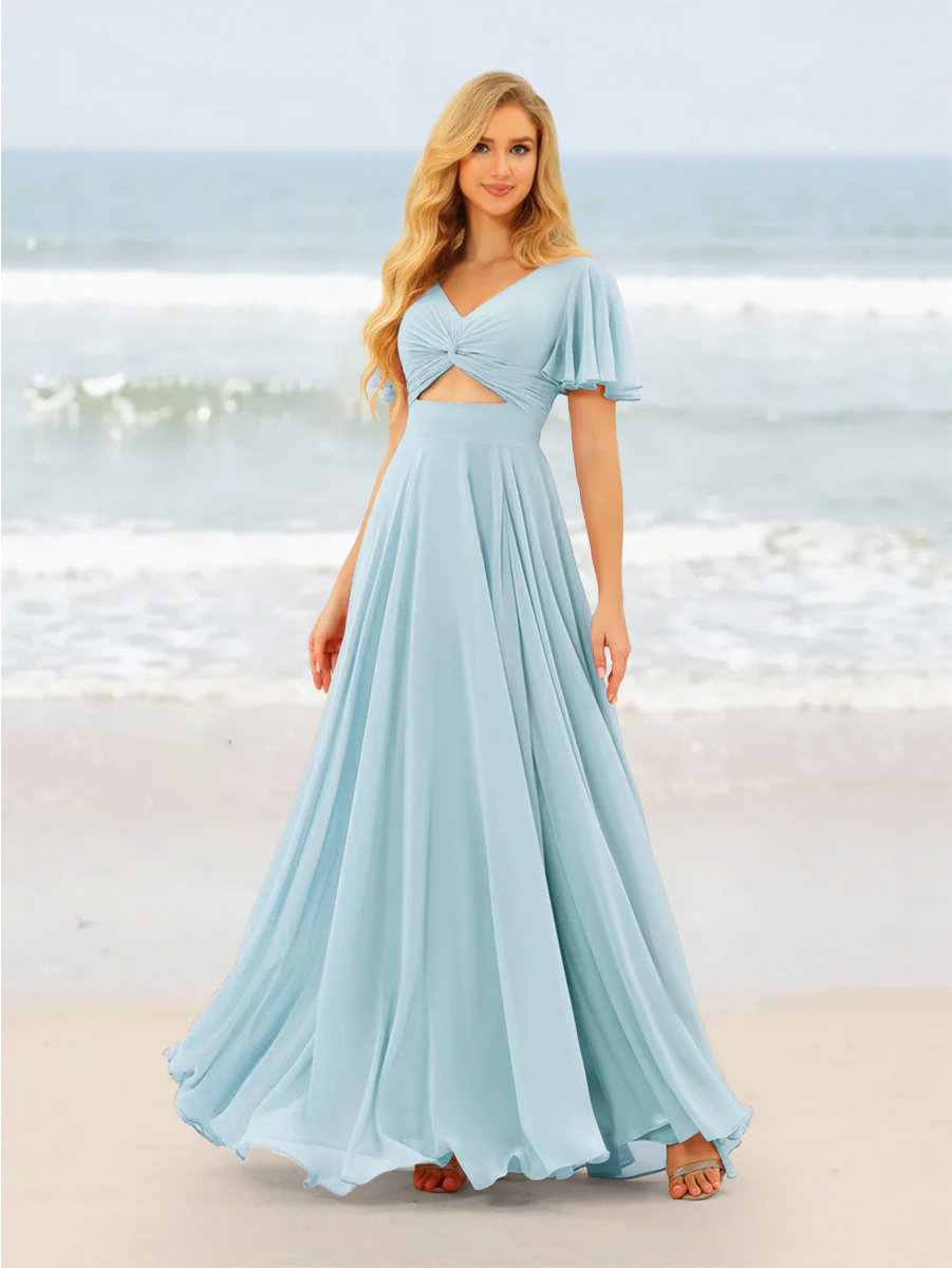 A-Line/Princess Ruffles V-Neck Short Sleeves Bridesmaid Dresses With Bowknot - Image 37