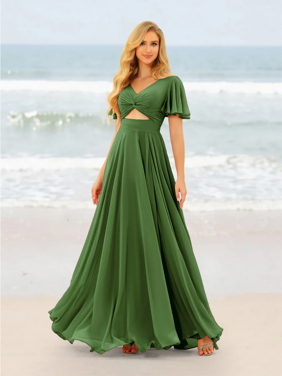 A-Line/Princess Ruffles V-Neck Short Sleeves Bridesmaid Dresses With Bowknot - Image 53