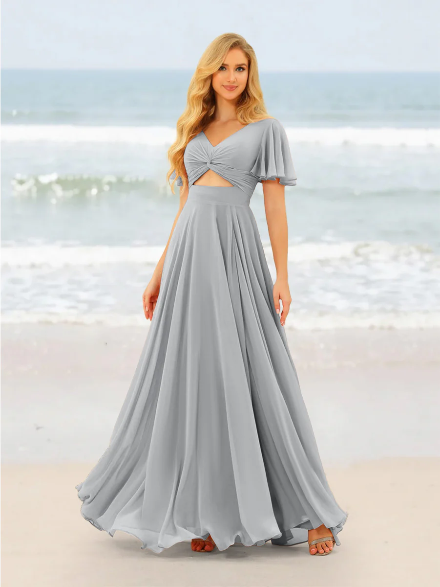 A-Line/Princess Ruffles V-Neck Short Sleeves Bridesmaid Dresses With Bowknot - Image 67