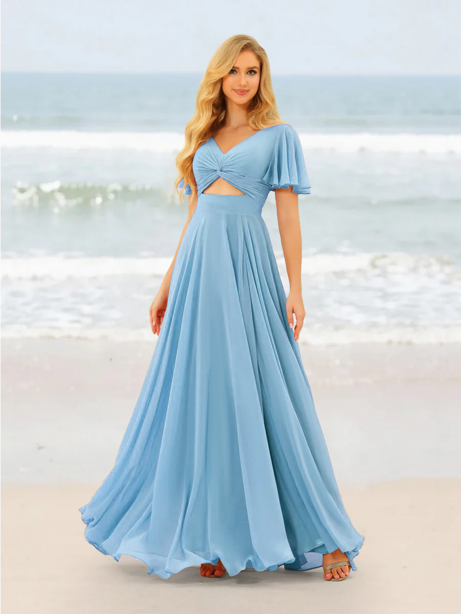 A-Line/Princess Ruffles V-Neck Short Sleeves Bridesmaid Dresses With Bowknot - Image 69