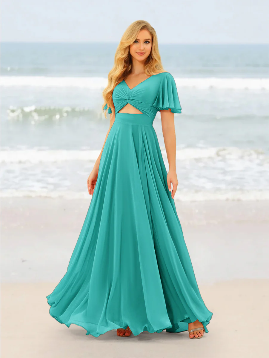 A-Line/Princess Ruffles V-Neck Short Sleeves Bridesmaid Dresses With Bowknot - Image 75