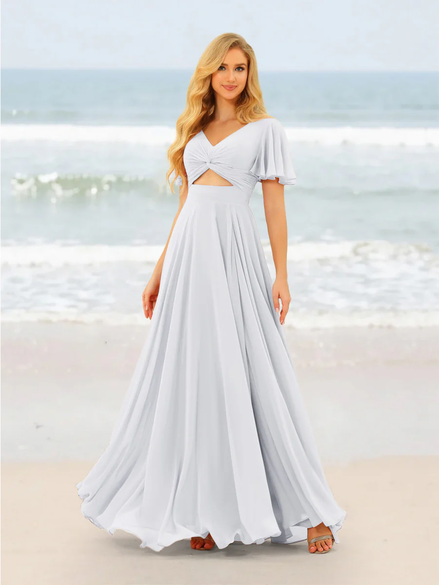 A-Line/Princess Ruffles V-Neck Short Sleeves Bridesmaid Dresses With Bowknot - Image 76