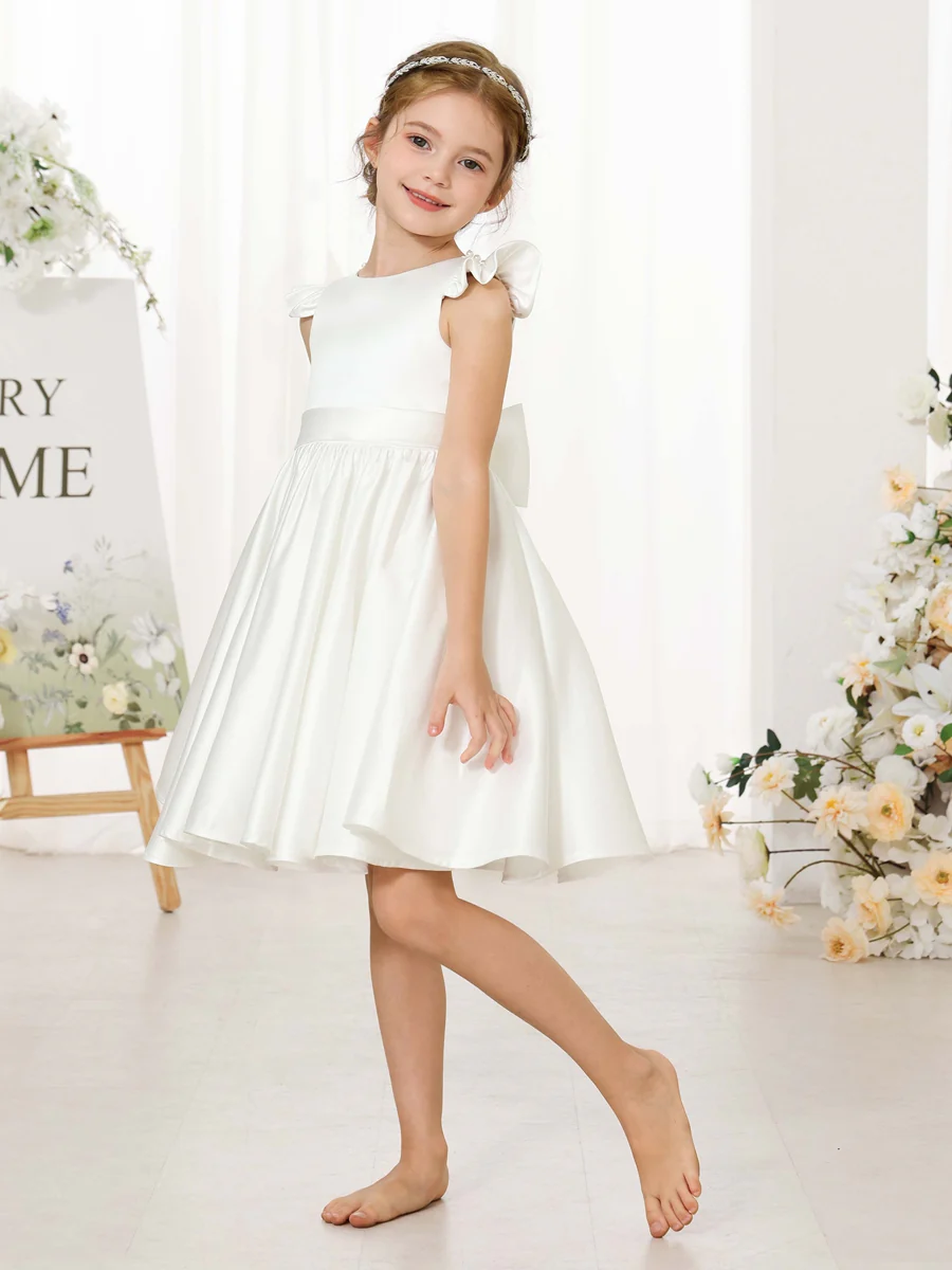 A-Line/Princess Satin Short Sleeves Scoop Neck Mini Flower Girl Dresses - Image 4