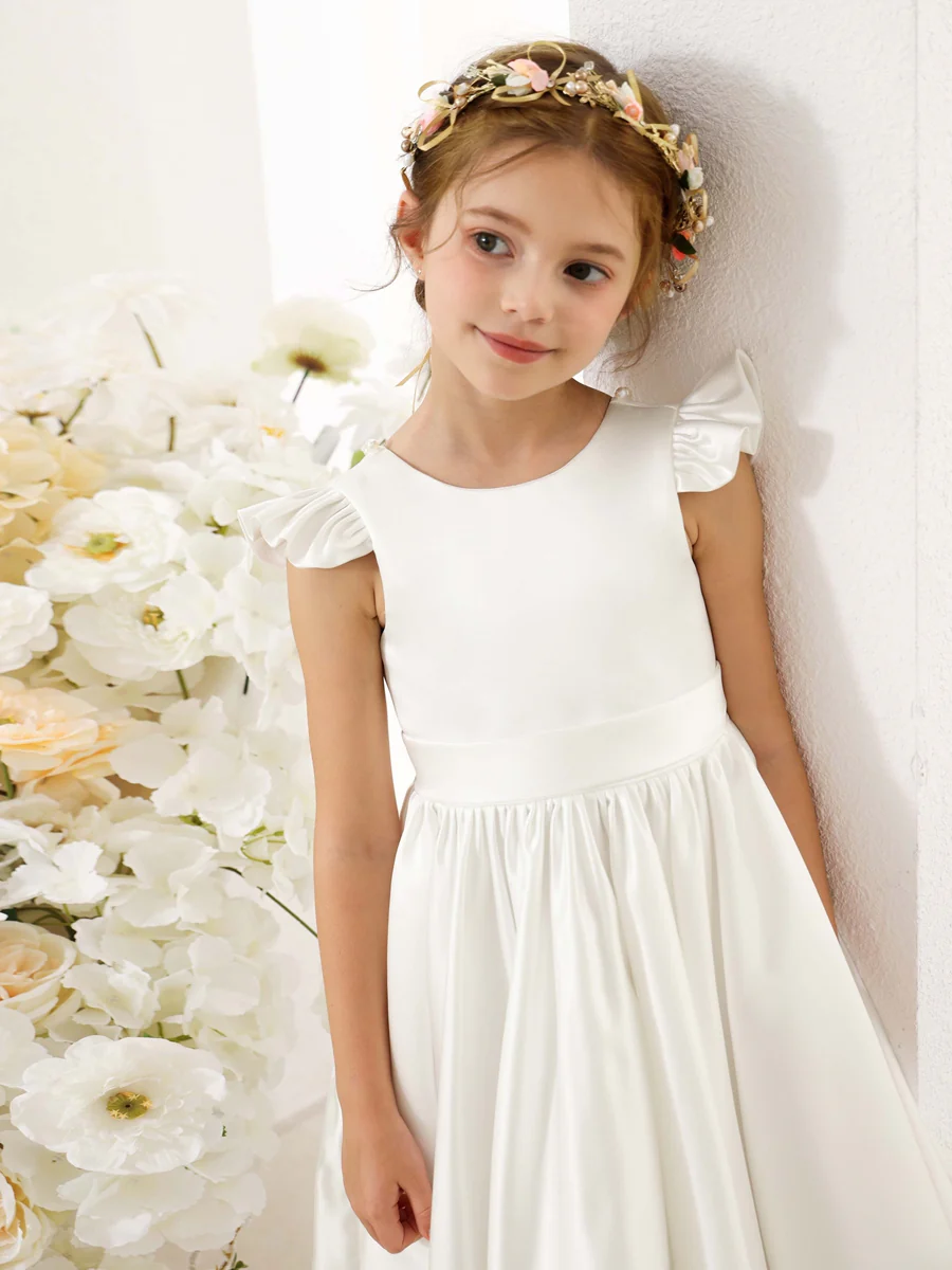 A-Line/Princess Satin Short Sleeves Scoop Neck Mini Flower Girl Dresses - Image 8