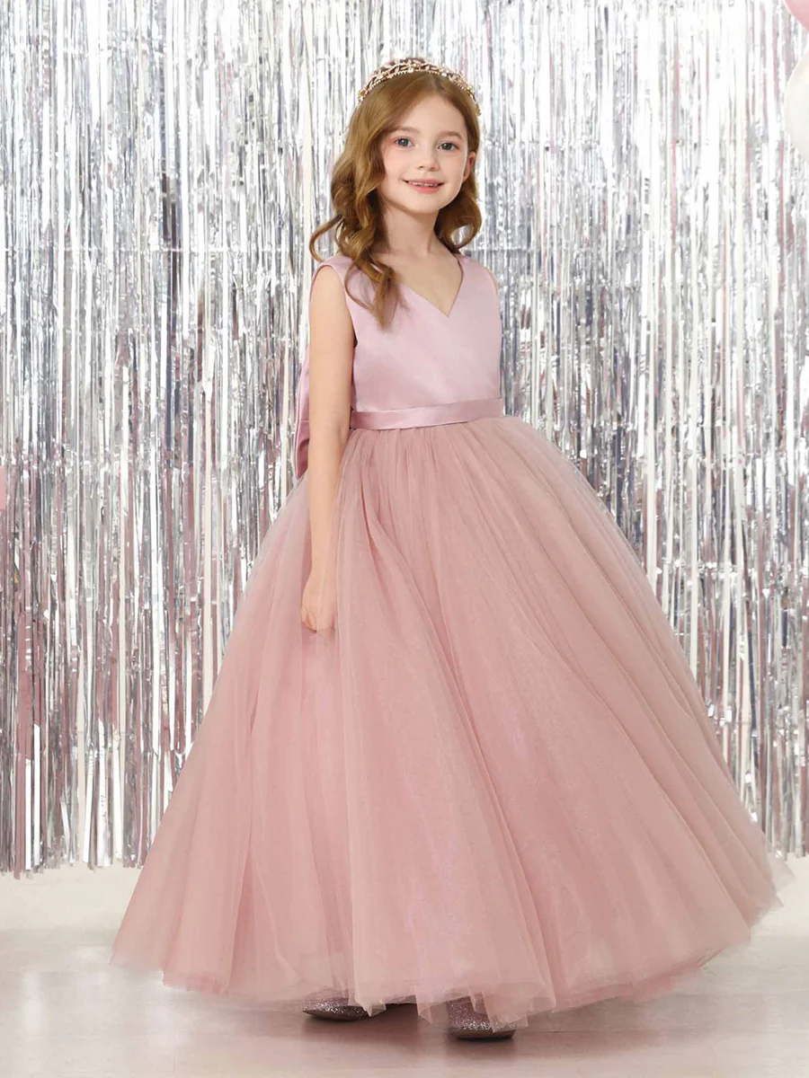 Ball-Gown Satin Sleeveless V-Neck Floor-Length Flower Girl Dresses - Image 2