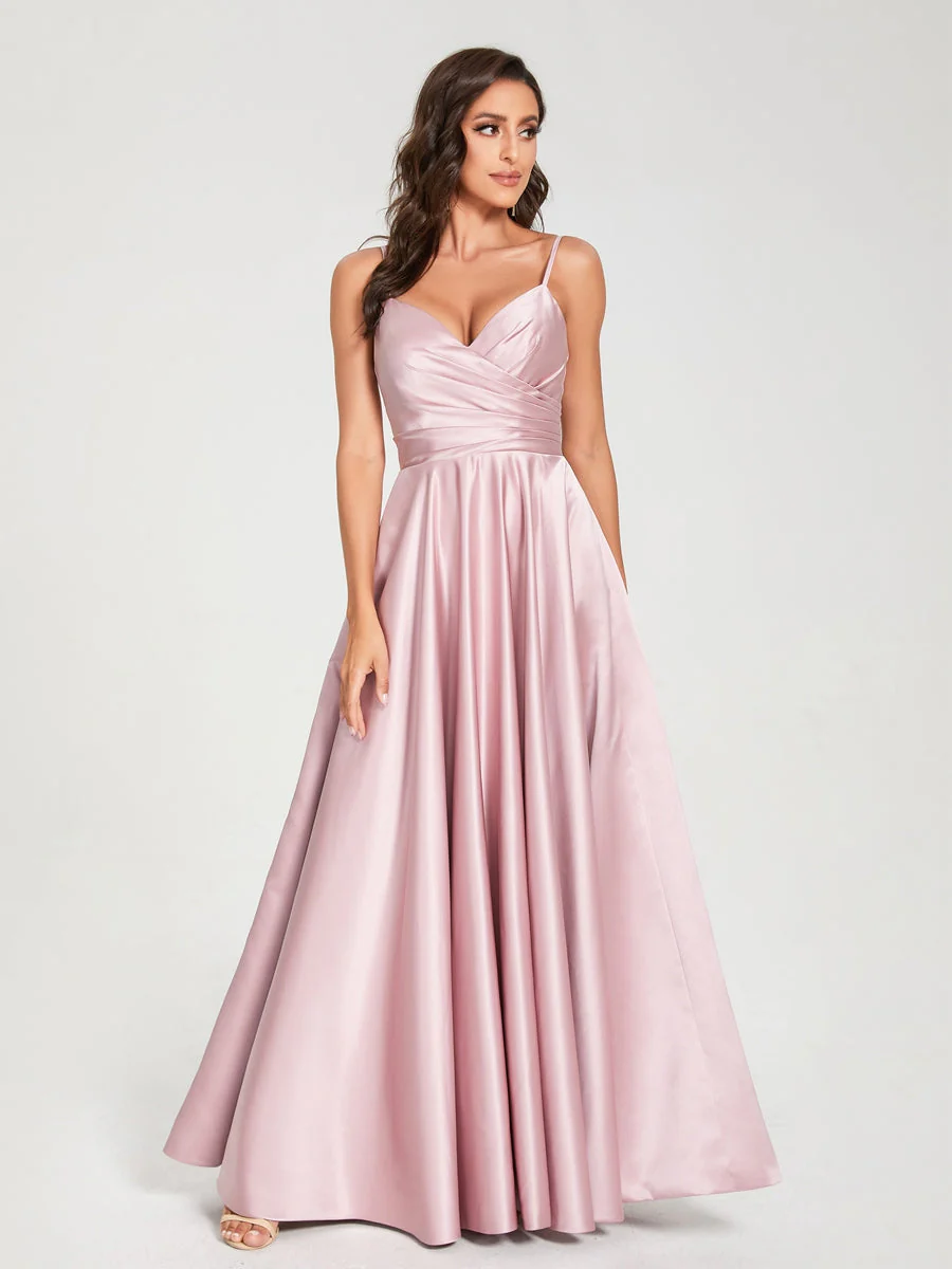 A-Line/Princess Satin V-Neck Sleeveless Floor-Length With Pockets Bridesmaid Dresses - Image 3