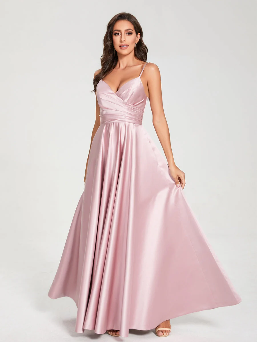 A-Line/Princess Satin V-Neck Sleeveless Floor-Length With Pockets Bridesmaid Dresses - Image 4