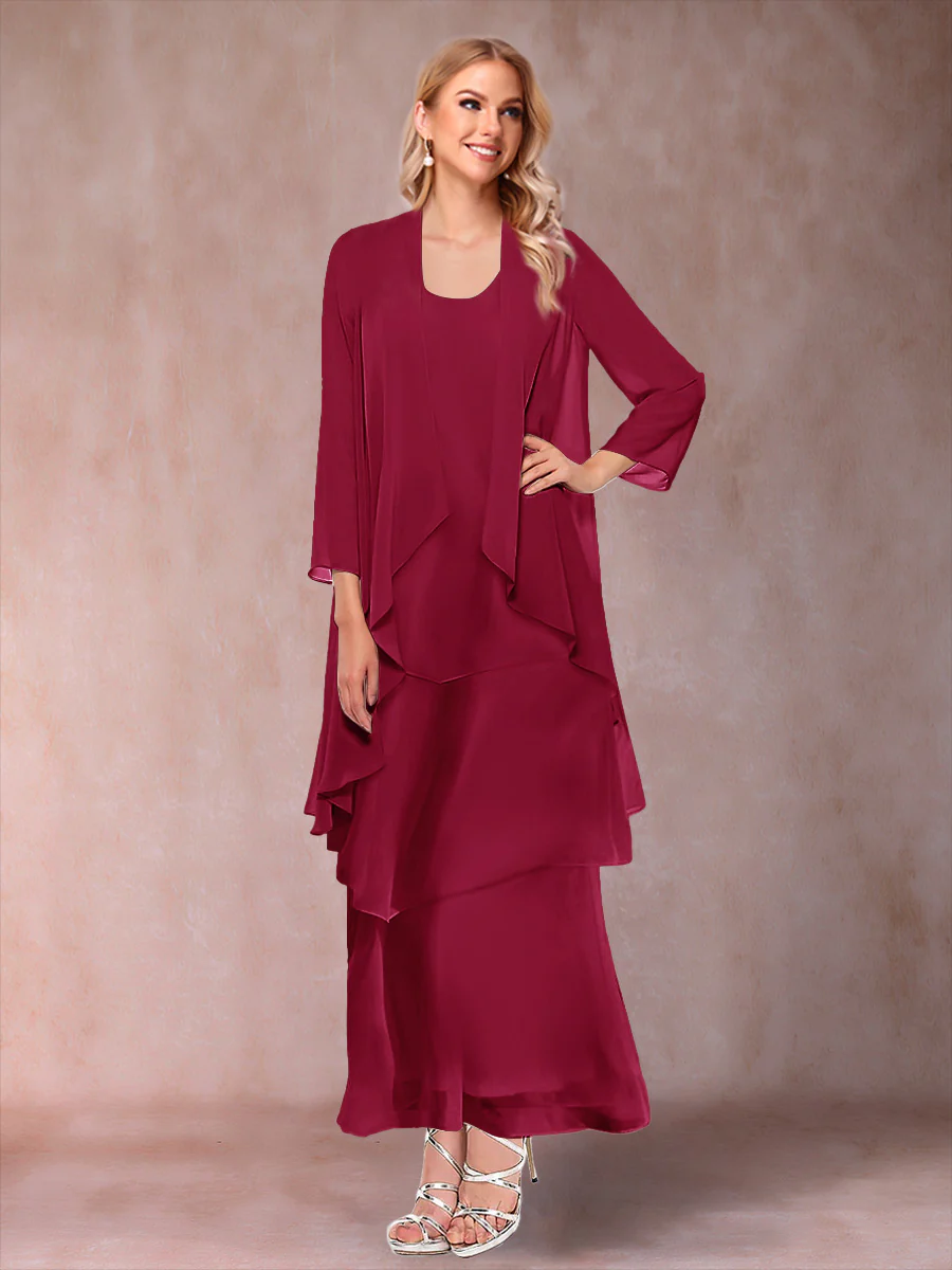 A-Line/Princess Scoop 3/4 Sleeves 3 Pieces Mother of the Bride Dress with Ruffles & Jacket - Image 37