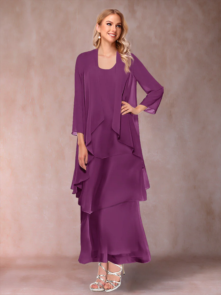 A-Line/Princess Scoop 3/4 Sleeves 3 Pieces Mother of the Bride Dress with Ruffles & Jacket - Image 54