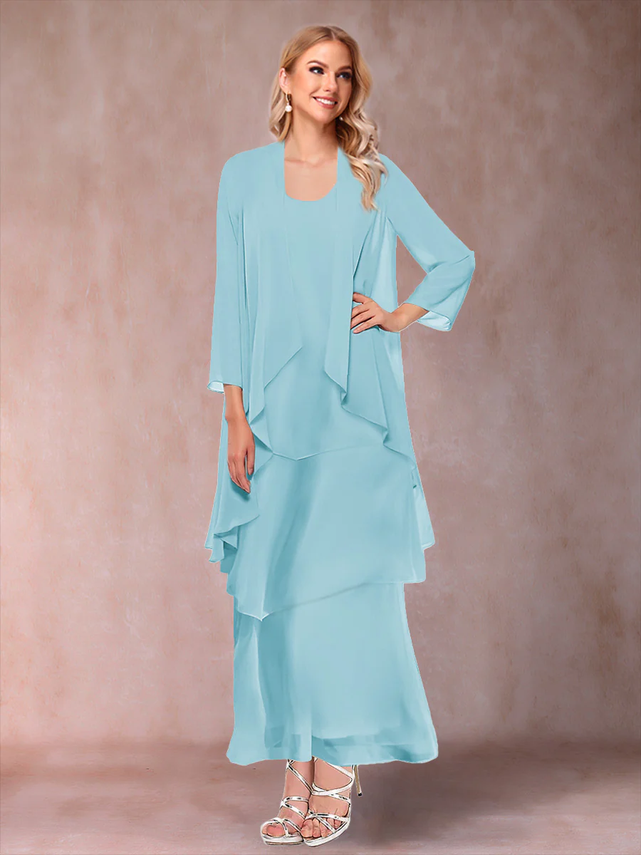A-Line/Princess Scoop 3/4 Sleeves 3 Pieces Mother of the Bride Dress with Ruffles & Jacket - Image 63