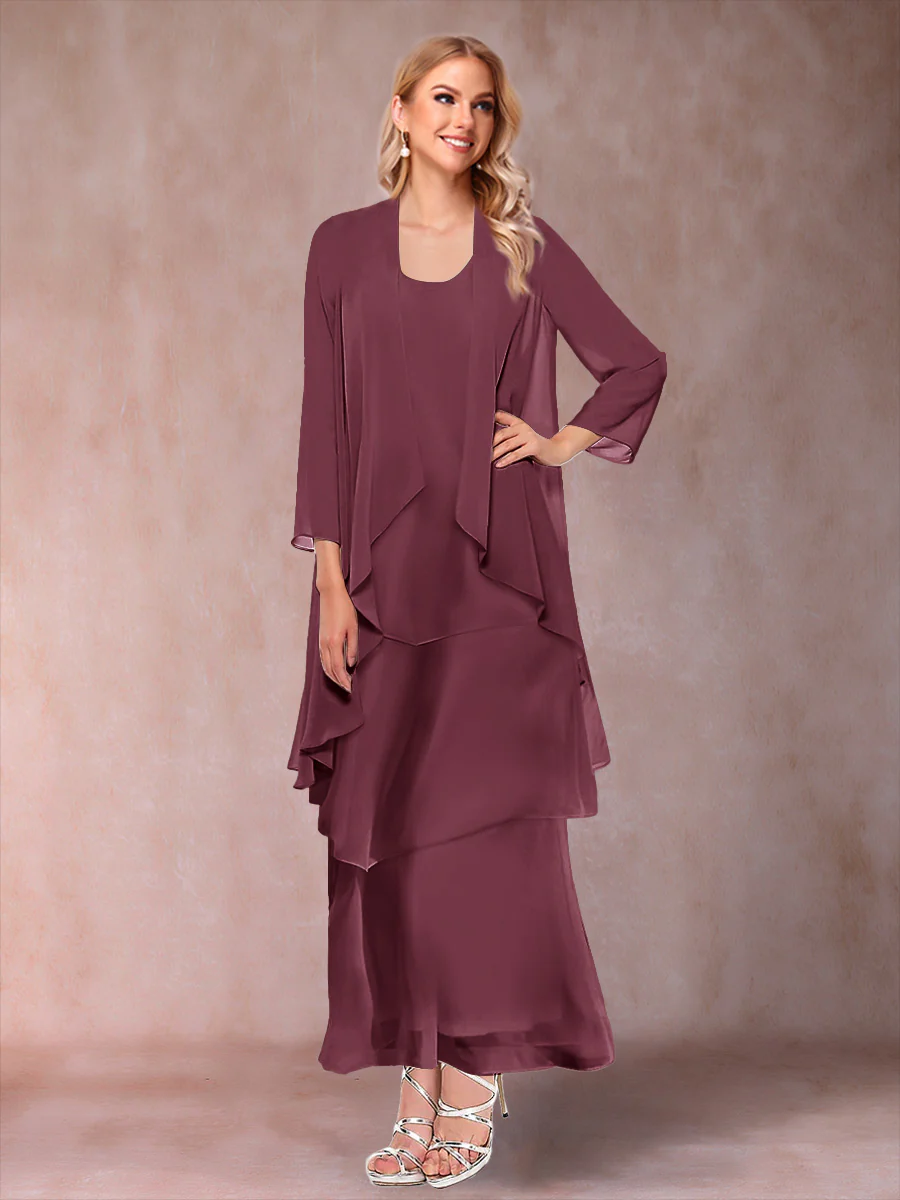 A-Line/Princess Scoop 3/4 Sleeves 3 Pieces Mother of the Bride Dress with Ruffles & Jacket - Image 64