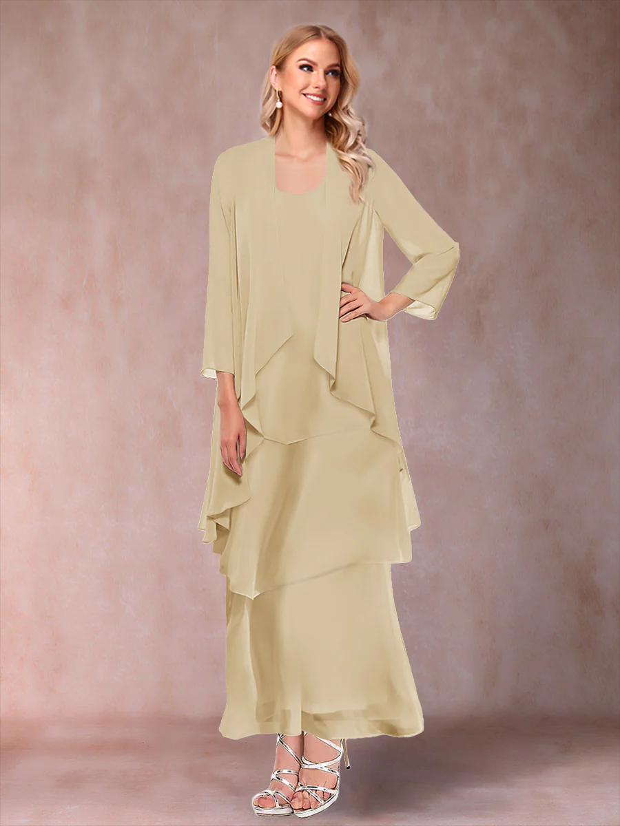 A-Line/Princess Scoop 3/4 Sleeves 3 Pieces Mother of the Bride Dress with Ruffles & Jacket - Image 70