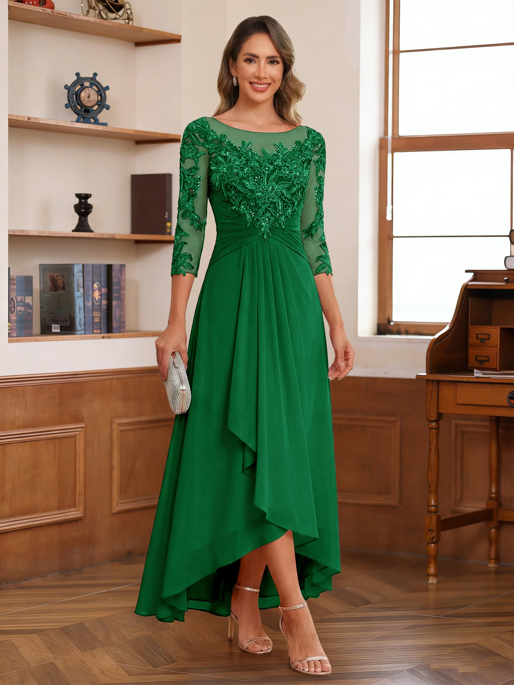 A-Line/Princess Scoop 3/4 Sleeves Ankle-Length Mother of the Bride Dress With Appliques & Lace - Image 25