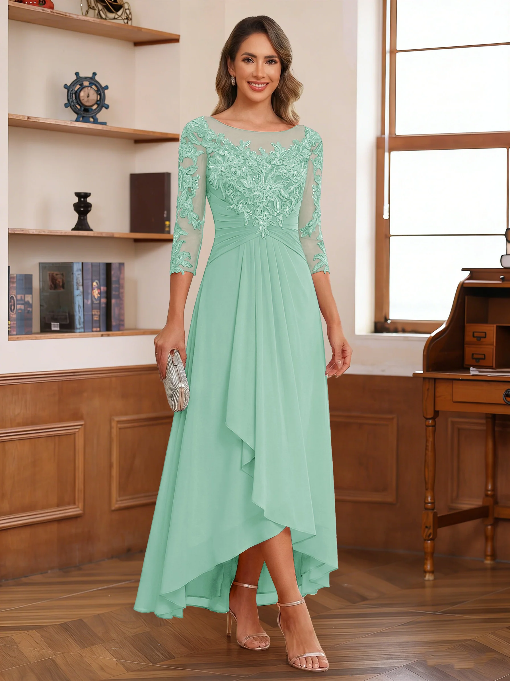 A-Line/Princess Scoop 3/4 Sleeves Ankle-Length Mother of the Bride Dress With Appliques & Lace - Image 38