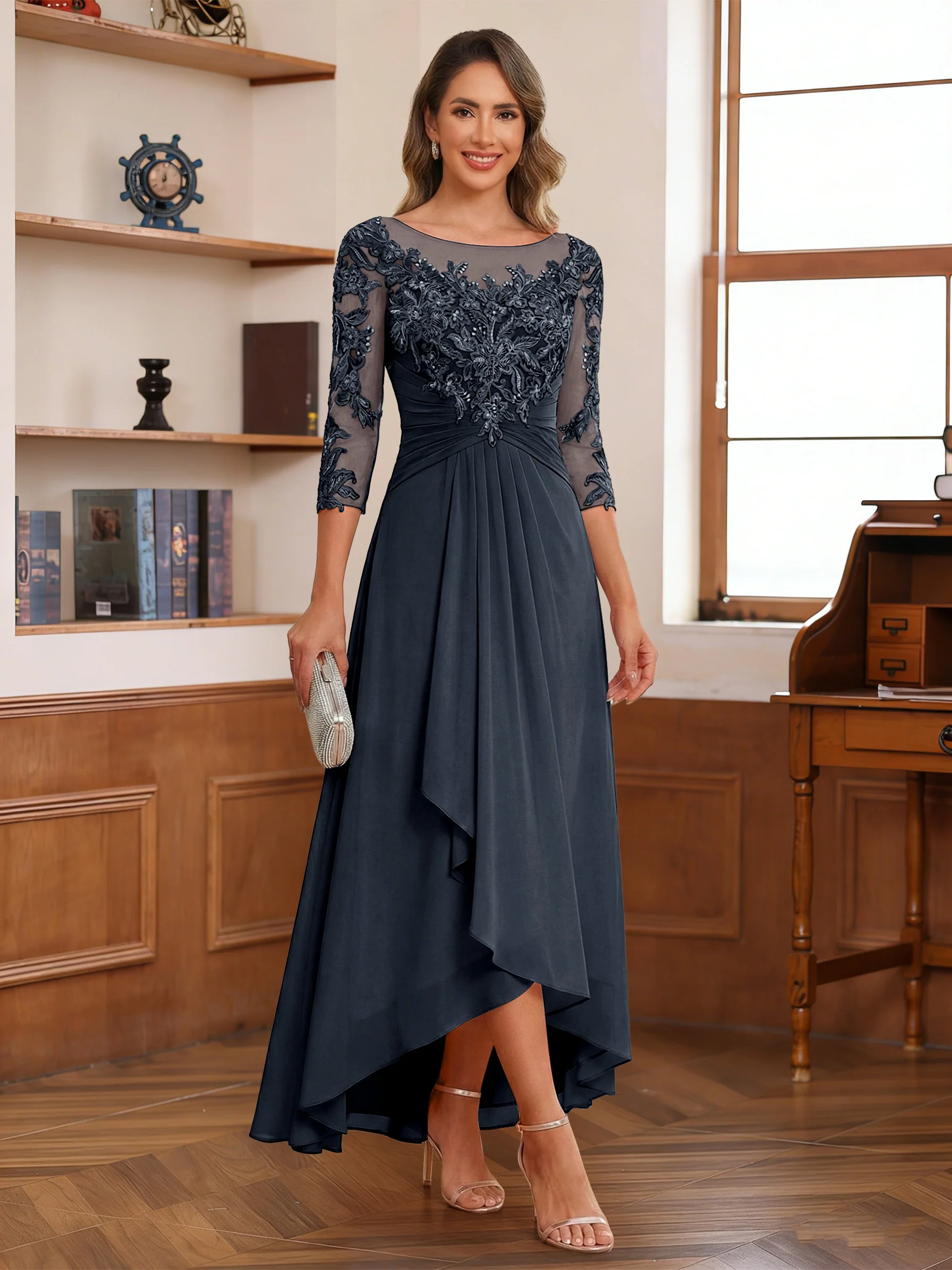 A-Line/Princess Scoop 3/4 Sleeves Ankle-Length Mother of the Bride Dress With Appliques & Lace - Image 42