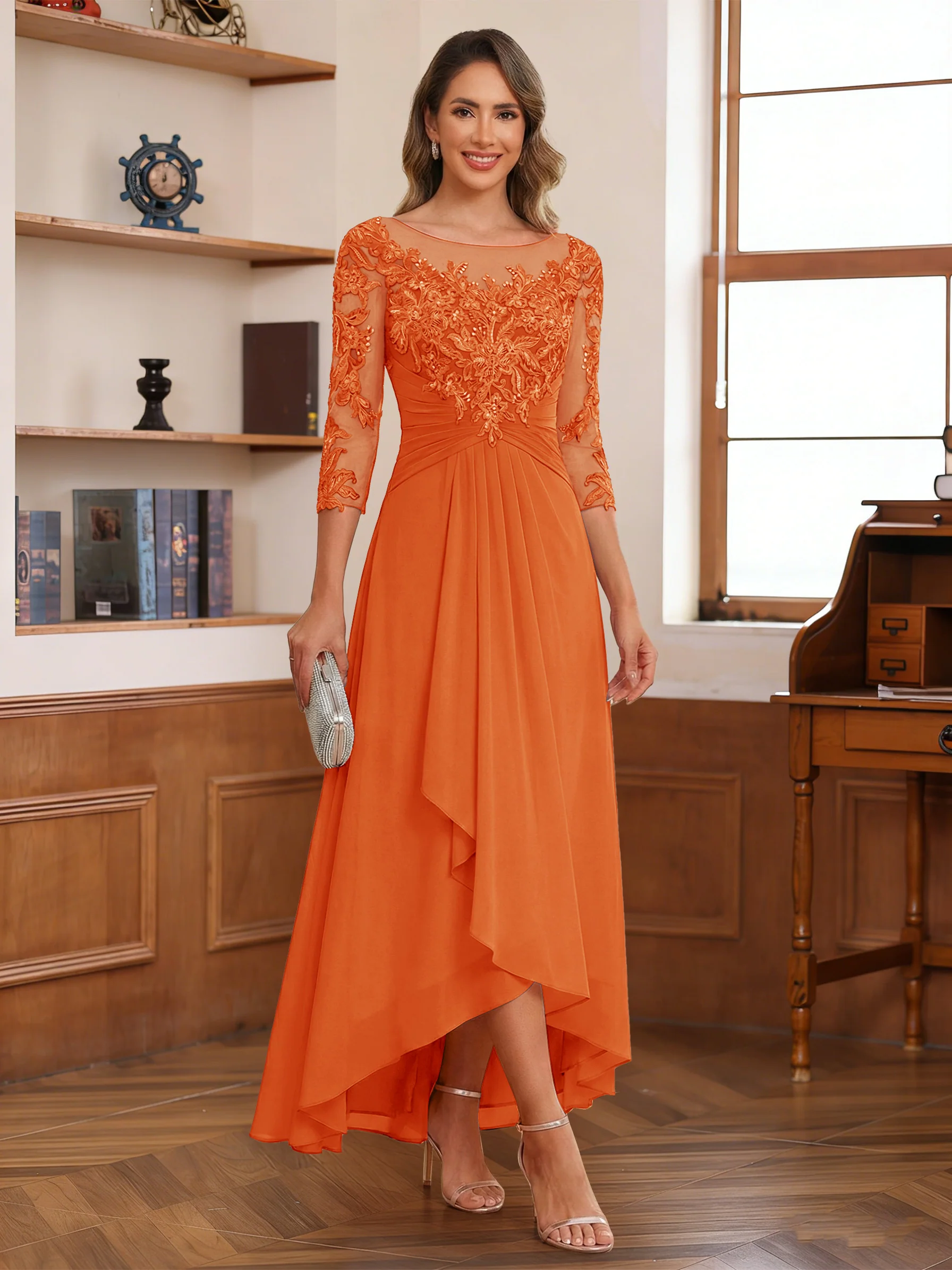 A-Line/Princess Scoop 3/4 Sleeves Ankle-Length Mother of the Bride Dress With Appliques & Lace - Image 46