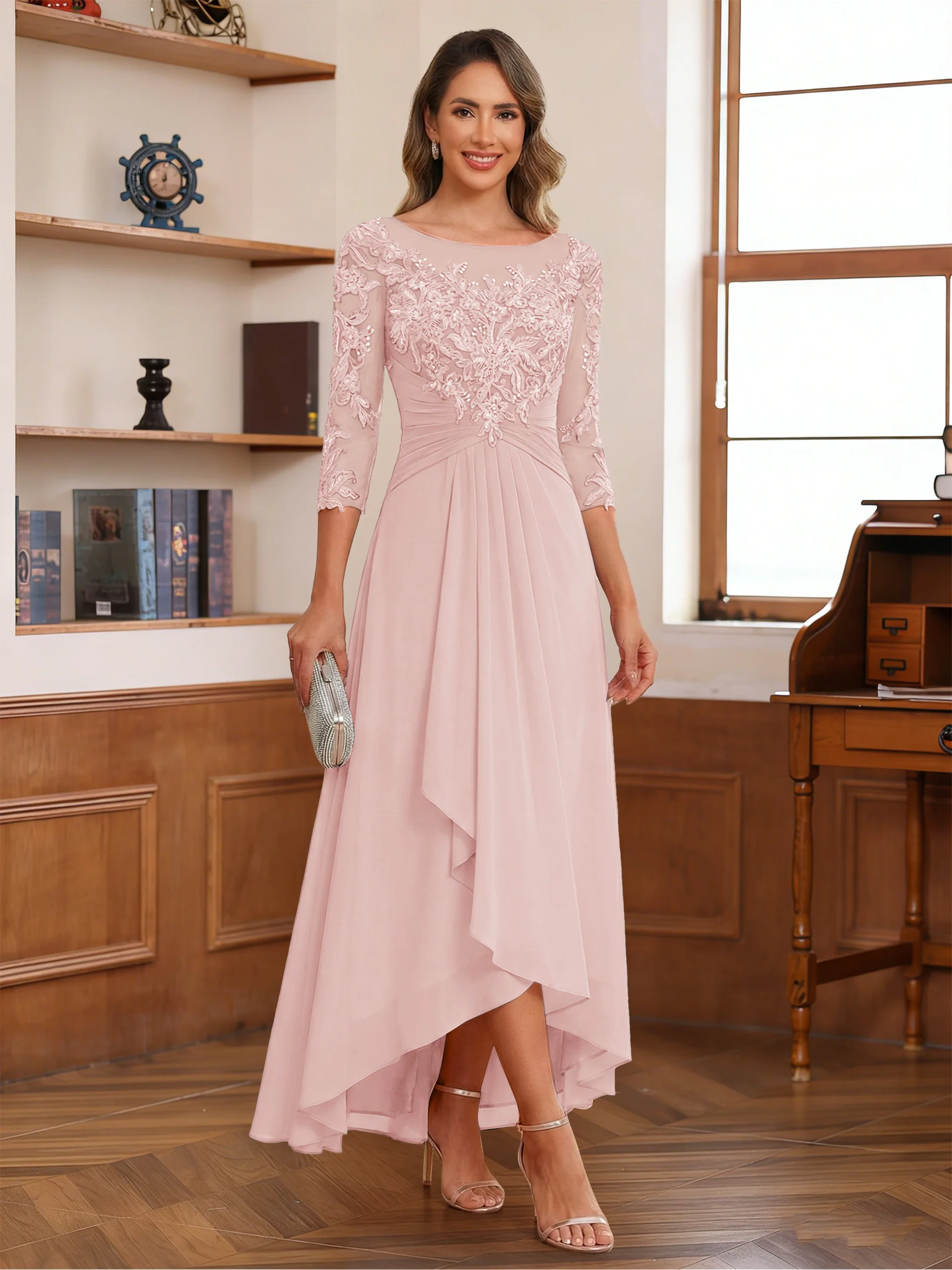 A-Line/Princess Scoop 3/4 Sleeves Ankle-Length Mother of the Bride Dress With Appliques & Lace - Image 50