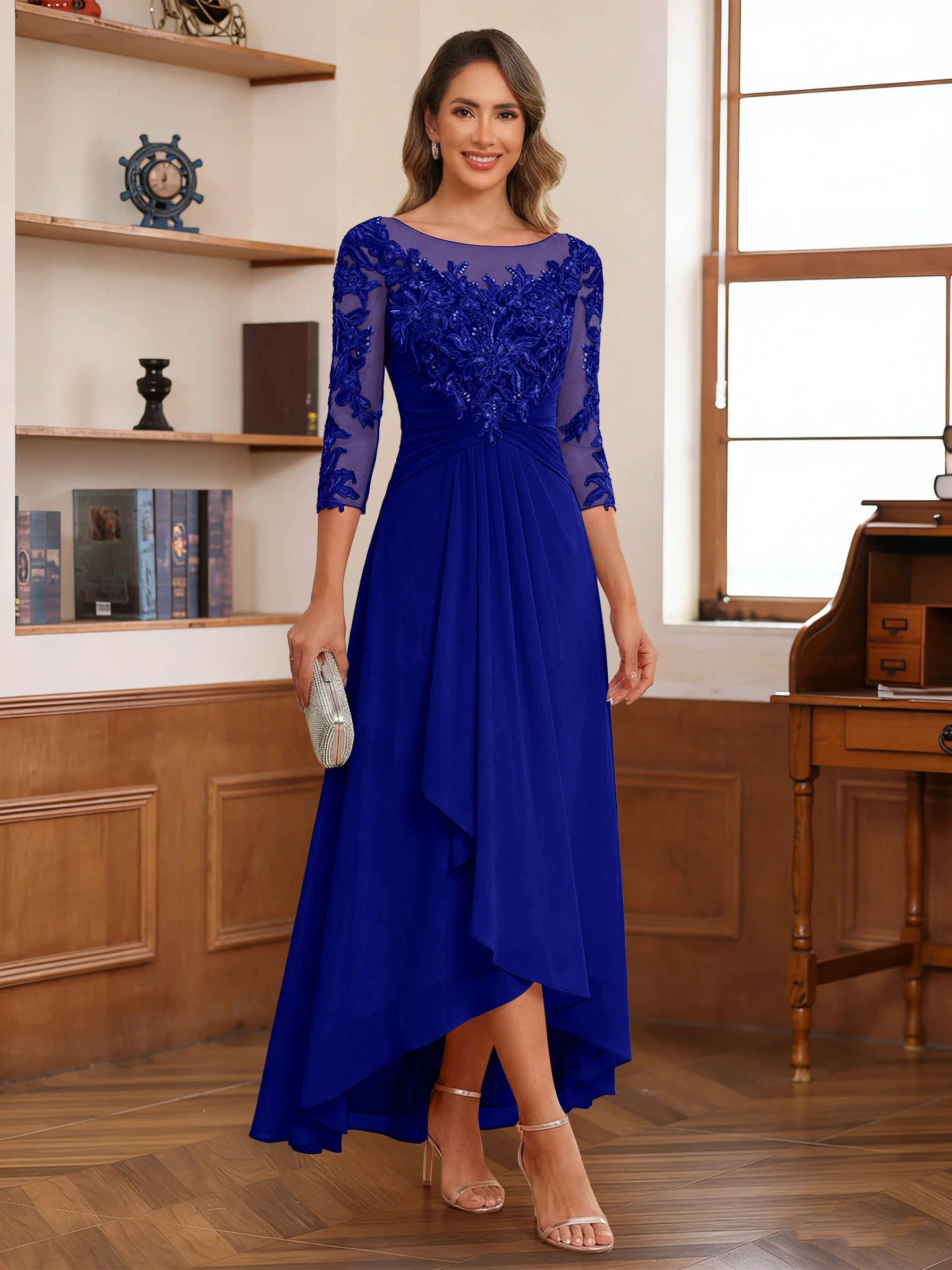 A-Line/Princess Scoop 3/4 Sleeves Ankle-Length Mother of the Bride Dress With Appliques & Lace - Image 55
