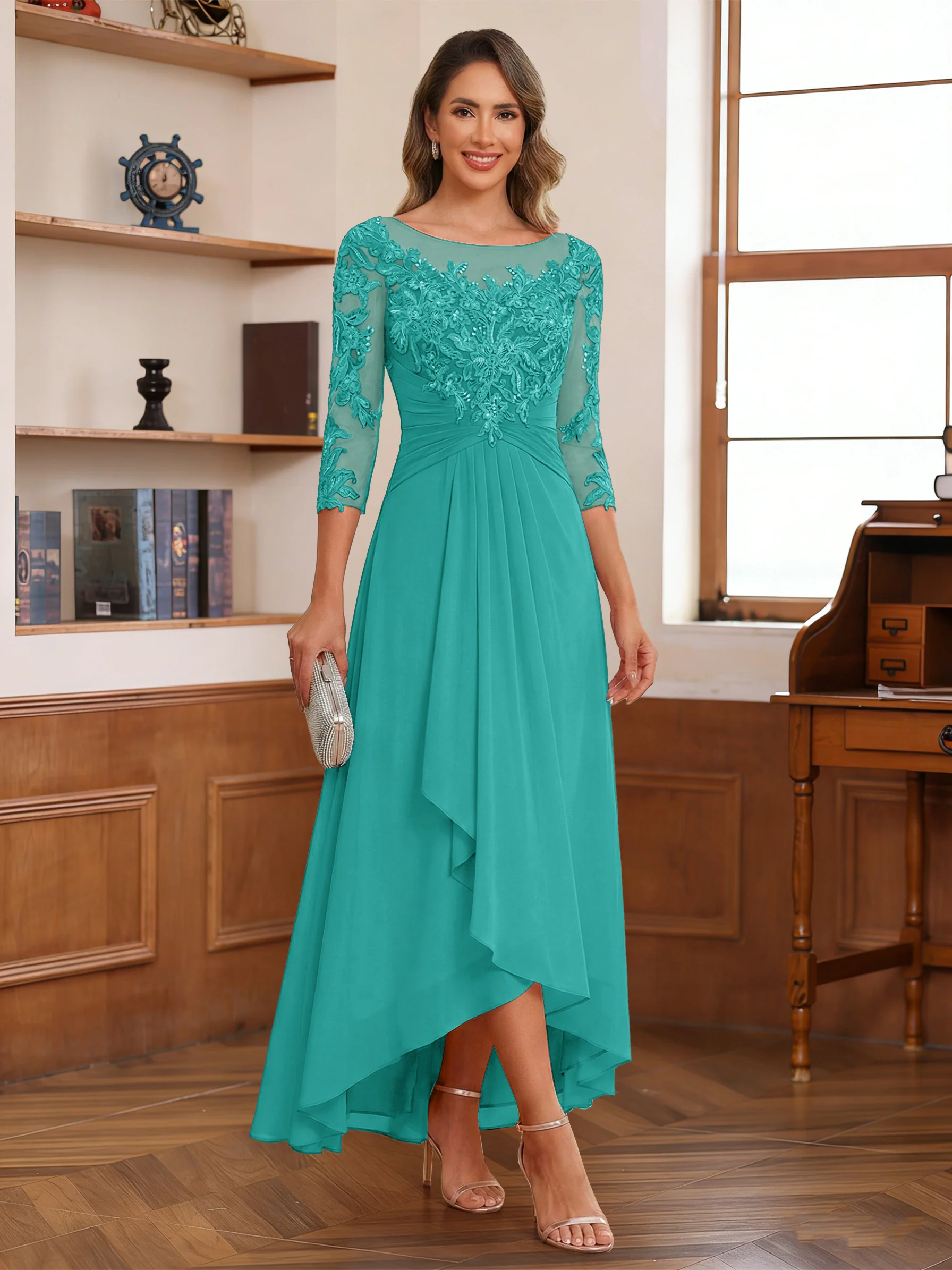 A-Line/Princess Scoop 3/4 Sleeves Ankle-Length Mother of the Bride Dress With Appliques & Lace - Image 67