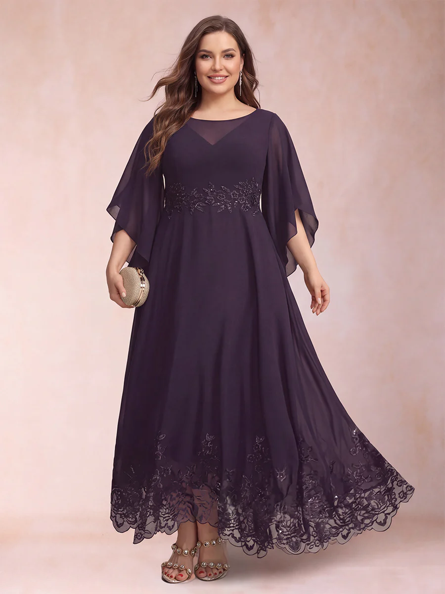 A-Line/Princess Scoop 3/4 Sleeves Ankle-Length Plus Size Mother of the Bride Dresses with Appliques