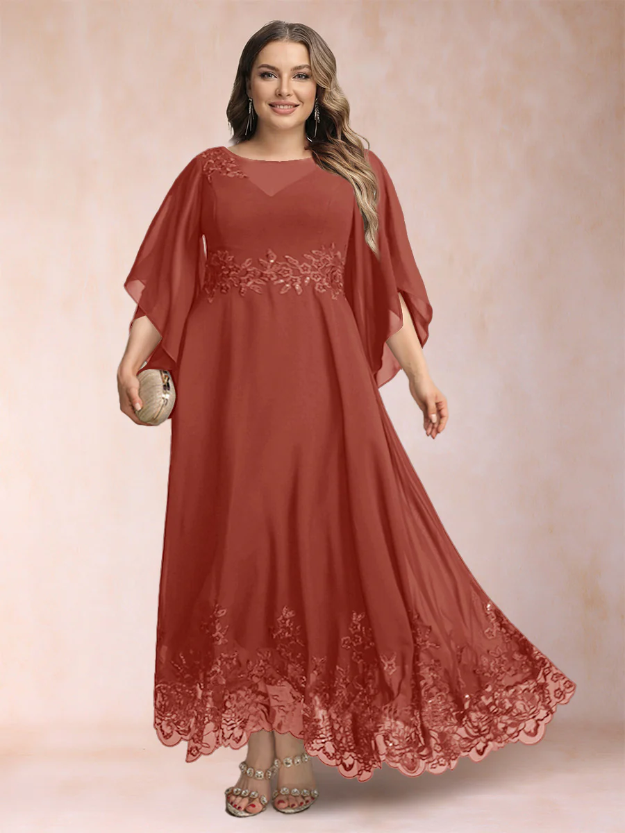 A-Line/Princess Scoop 3/4 Sleeves Ankle-Length Plus Size Mother of the Bride Dresses with Appliques - Image 63