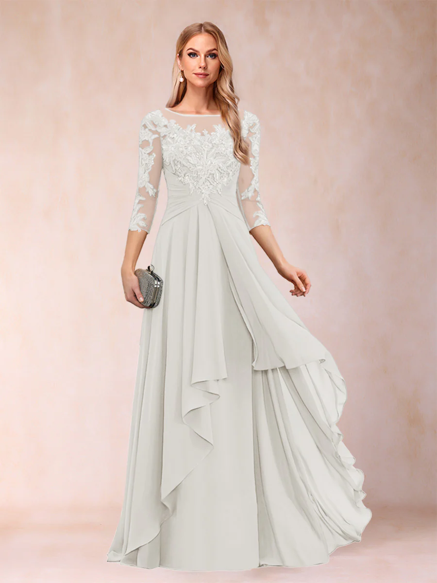 A-Line/Princess Scoop 3/4 Sleeves Chiffon Mother of the Bride Dresses with Appliques & Ruffles - Image 31