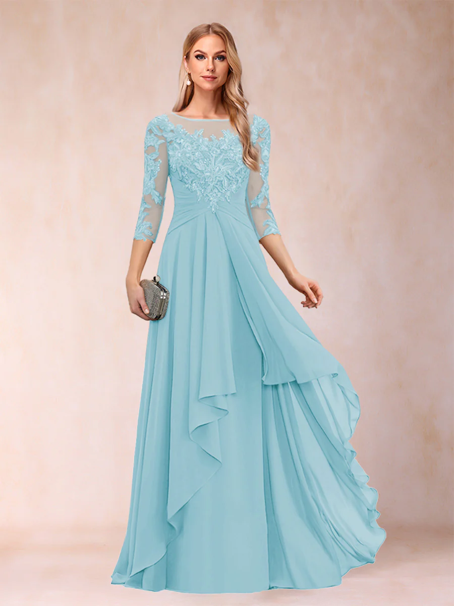 A-Line/Princess Scoop 3/4 Sleeves Chiffon Mother of the Bride Dresses with Appliques & Ruffles - Image 39
