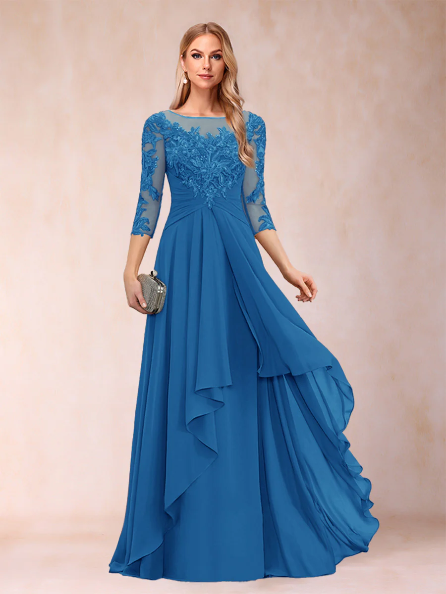 A-Line/Princess Scoop 3/4 Sleeves Chiffon Mother of the Bride Dresses with Appliques & Ruffles - Image 47