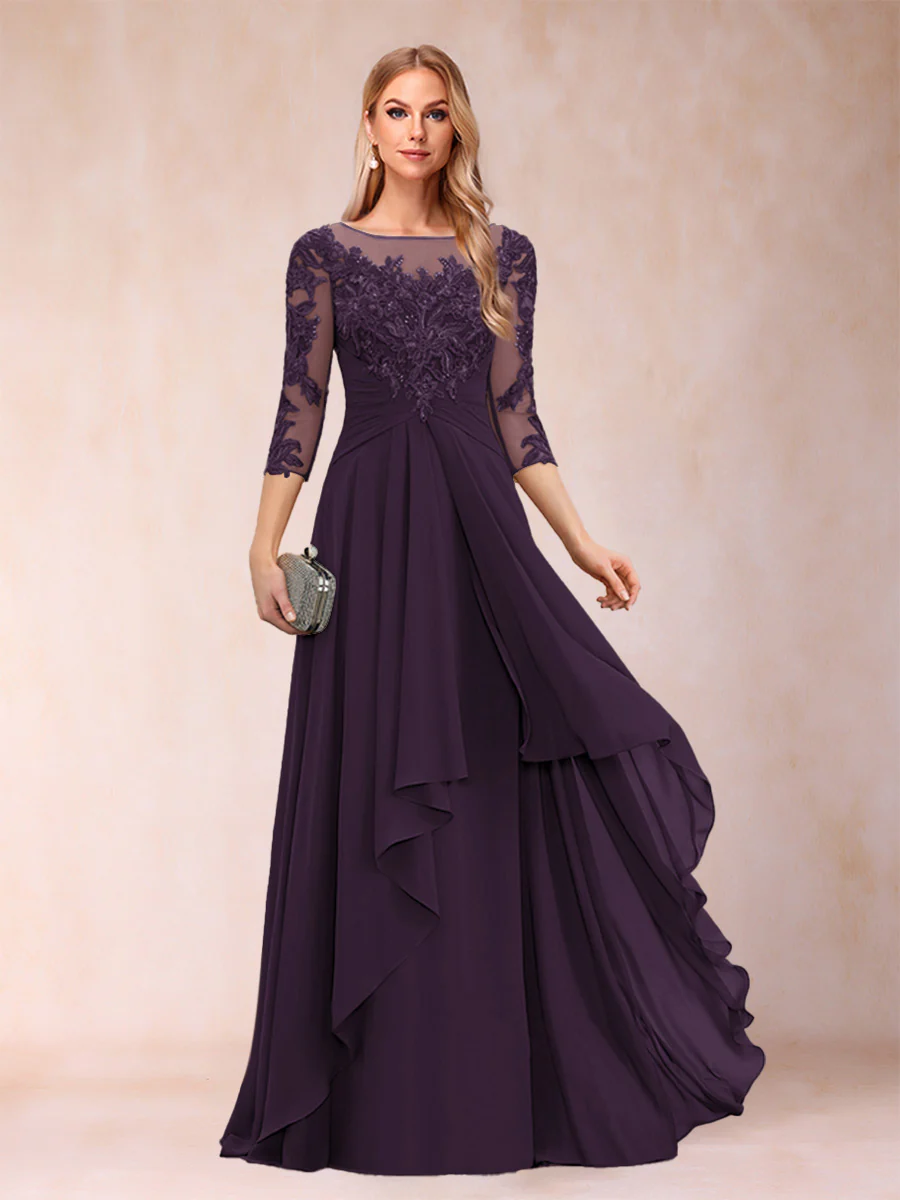 A-Line/Princess Scoop 3/4 Sleeves Chiffon Mother of the Bride Dresses with Appliques & Ruffles - Image 56