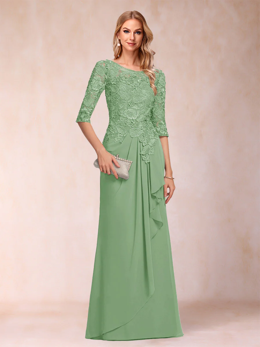 A-Line/Princess Scoop 3/4 Sleeves Chiffon Mother of the Bride Dresses with Ruffles & Appliques - Image 15