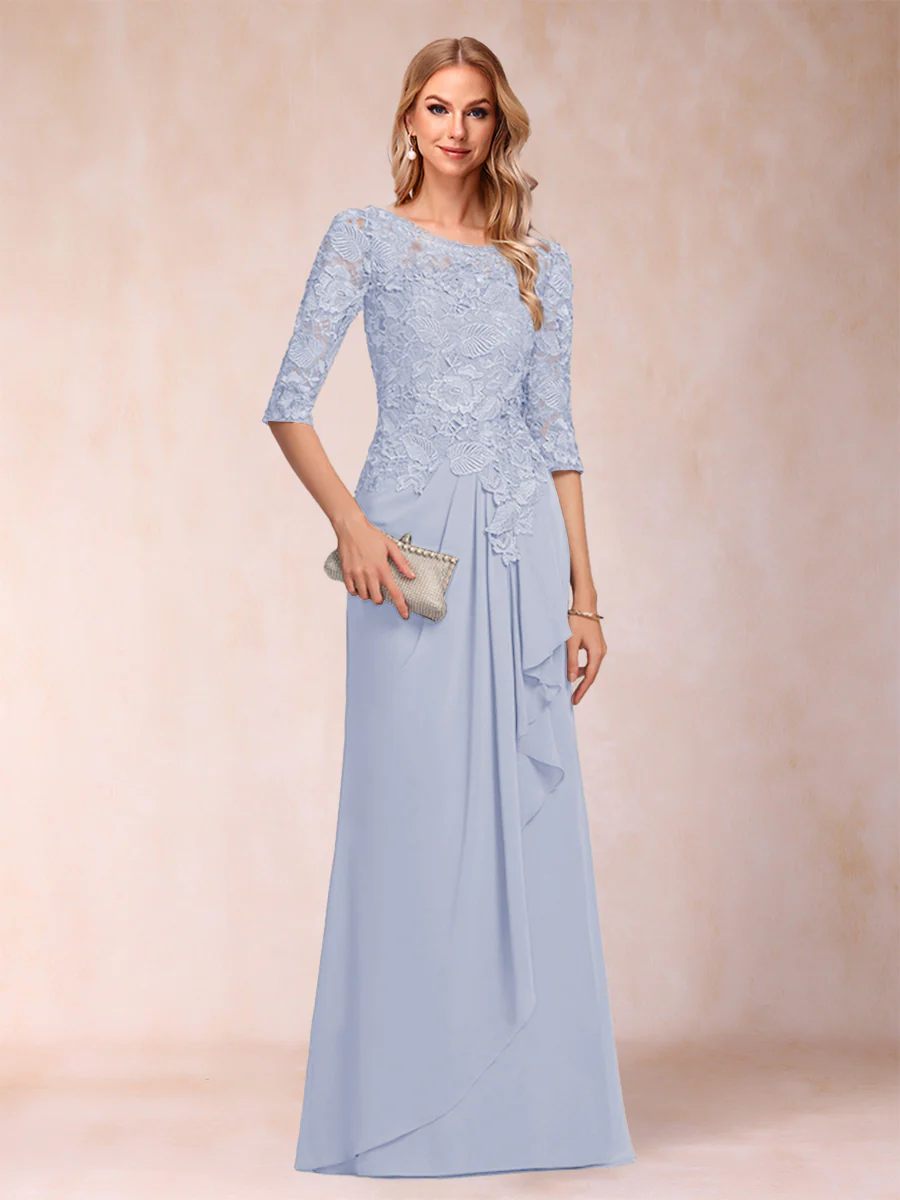 A-Line/Princess Scoop 3/4 Sleeves Chiffon Mother of the Bride Dresses with Ruffles & Appliques - Image 22