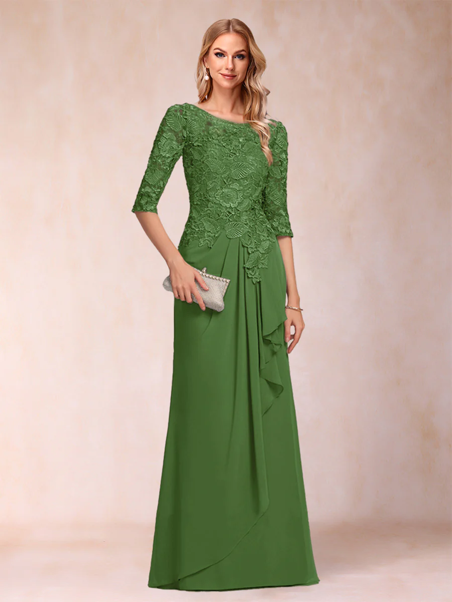 A-Line/Princess Scoop 3/4 Sleeves Chiffon Mother of the Bride Dresses with Ruffles & Appliques - Image 37