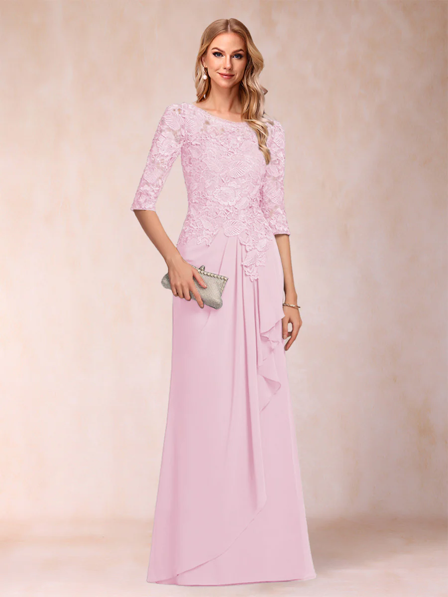 A-Line/Princess Scoop 3/4 Sleeves Chiffon Mother of the Bride Dresses with Ruffles & Appliques - Image 41
