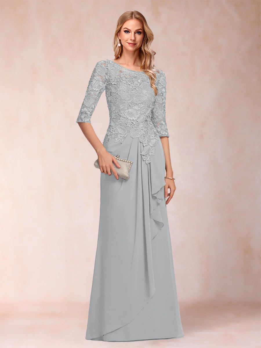 A-Line/Princess Scoop 3/4 Sleeves Chiffon Mother of the Bride Dresses with Ruffles & Appliques - Image 49