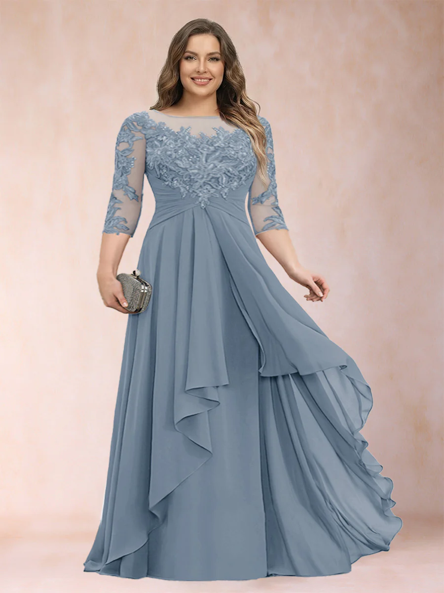 A-Line/Princess Scoop 3/4 Sleeves Chiffon Plus Size Mother of the Bride Dresses with Appliques & Ruffles - Image 15