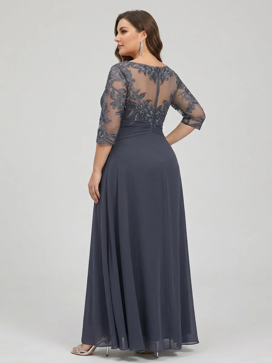 A-Line/Princess Scoop 3/4 Sleeves Chiffon Plus Size Mother of the Bride Dresses with Appliques & Ruffles - Image 2