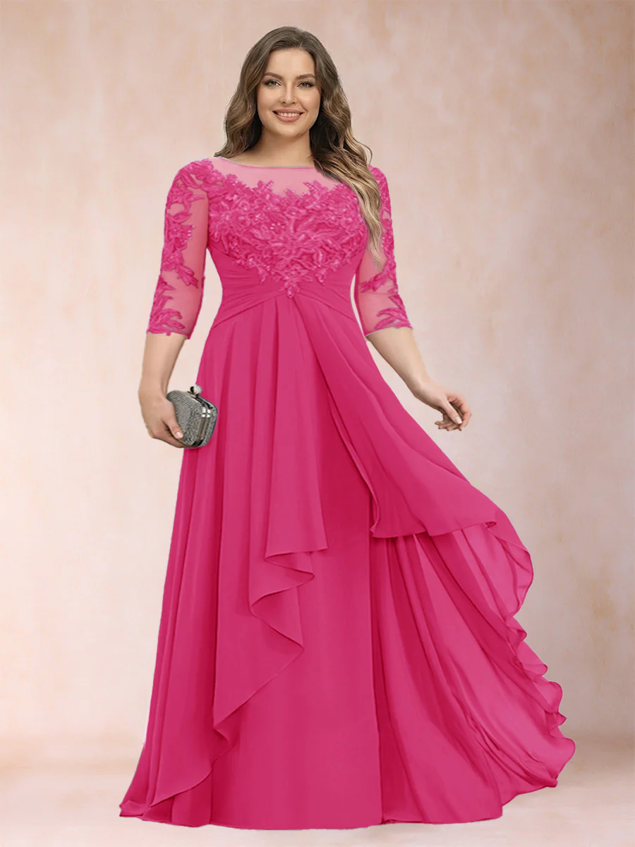 A-Line/Princess Scoop 3/4 Sleeves Chiffon Plus Size Mother of the Bride Dresses with Appliques & Ruffles - Image 28