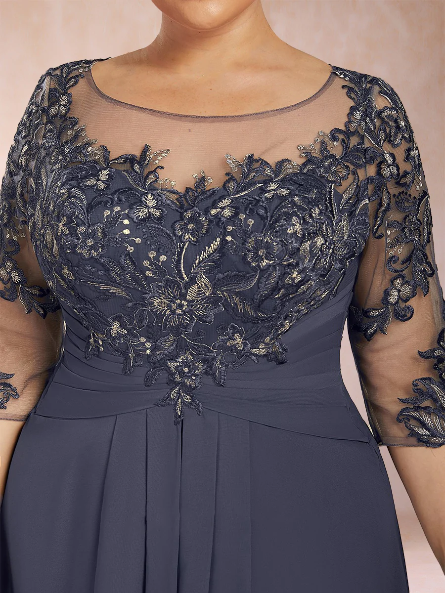 A-Line/Princess Scoop 3/4 Sleeves Chiffon Plus Size Mother of the Bride Dresses with Appliques & Ruffles - Image 3