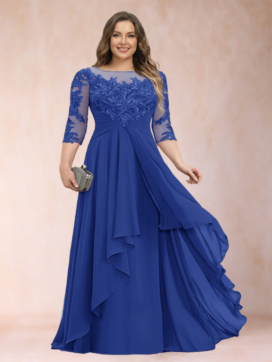 A-Line/Princess Scoop 3/4 Sleeves Chiffon Plus Size Mother of the Bride Dresses with Appliques & Ruffles - Image 36