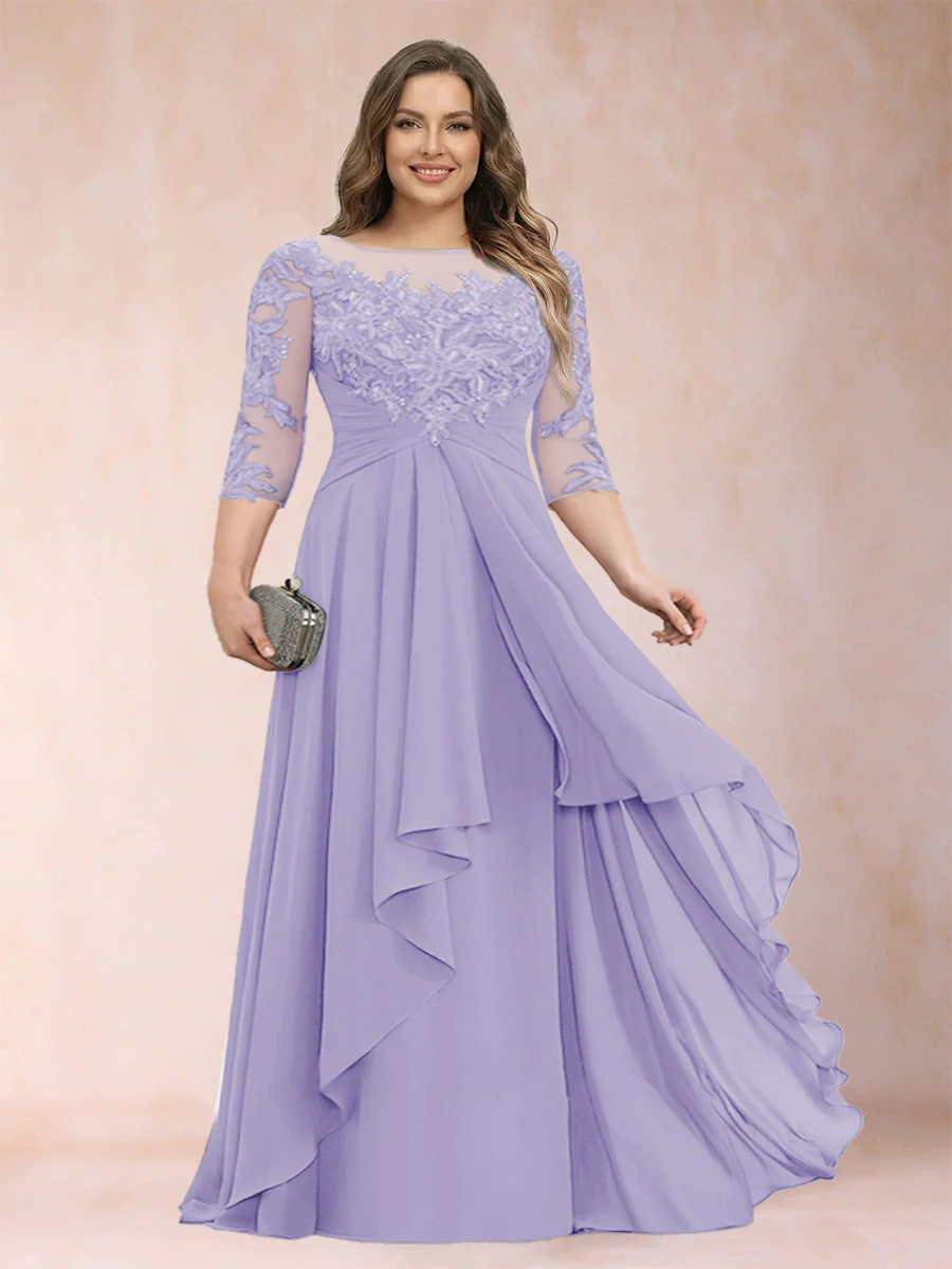 A-Line/Princess Scoop 3/4 Sleeves Chiffon Plus Size Mother of the Bride Dresses with Appliques & Ruffles - Image 38