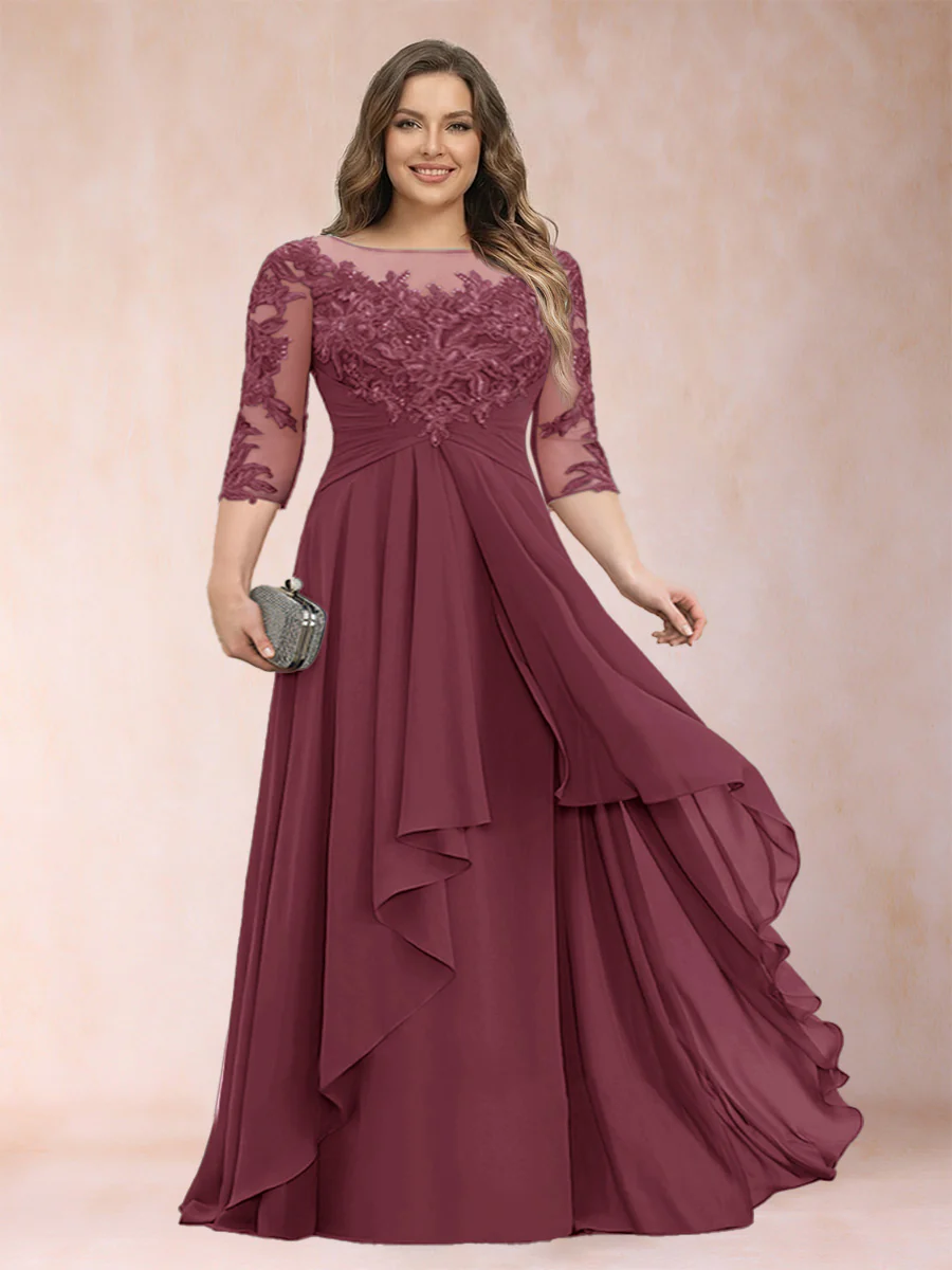 A-Line/Princess Scoop 3/4 Sleeves Chiffon Plus Size Mother of the Bride Dresses with Appliques & Ruffles - Image 42