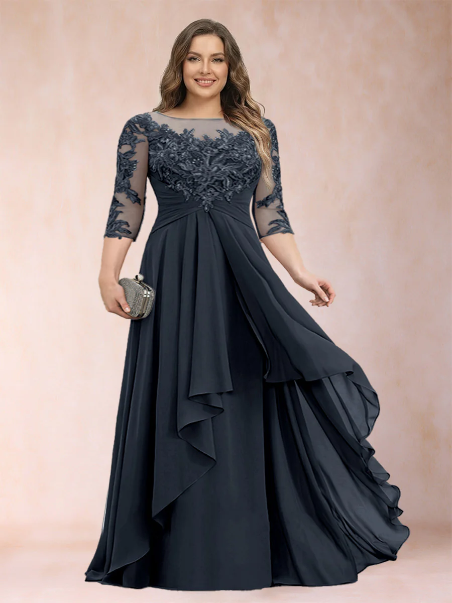 A-Line/Princess Scoop 3/4 Sleeves Chiffon Plus Size Mother of the Bride Dresses with Appliques & Ruffles - Image 44