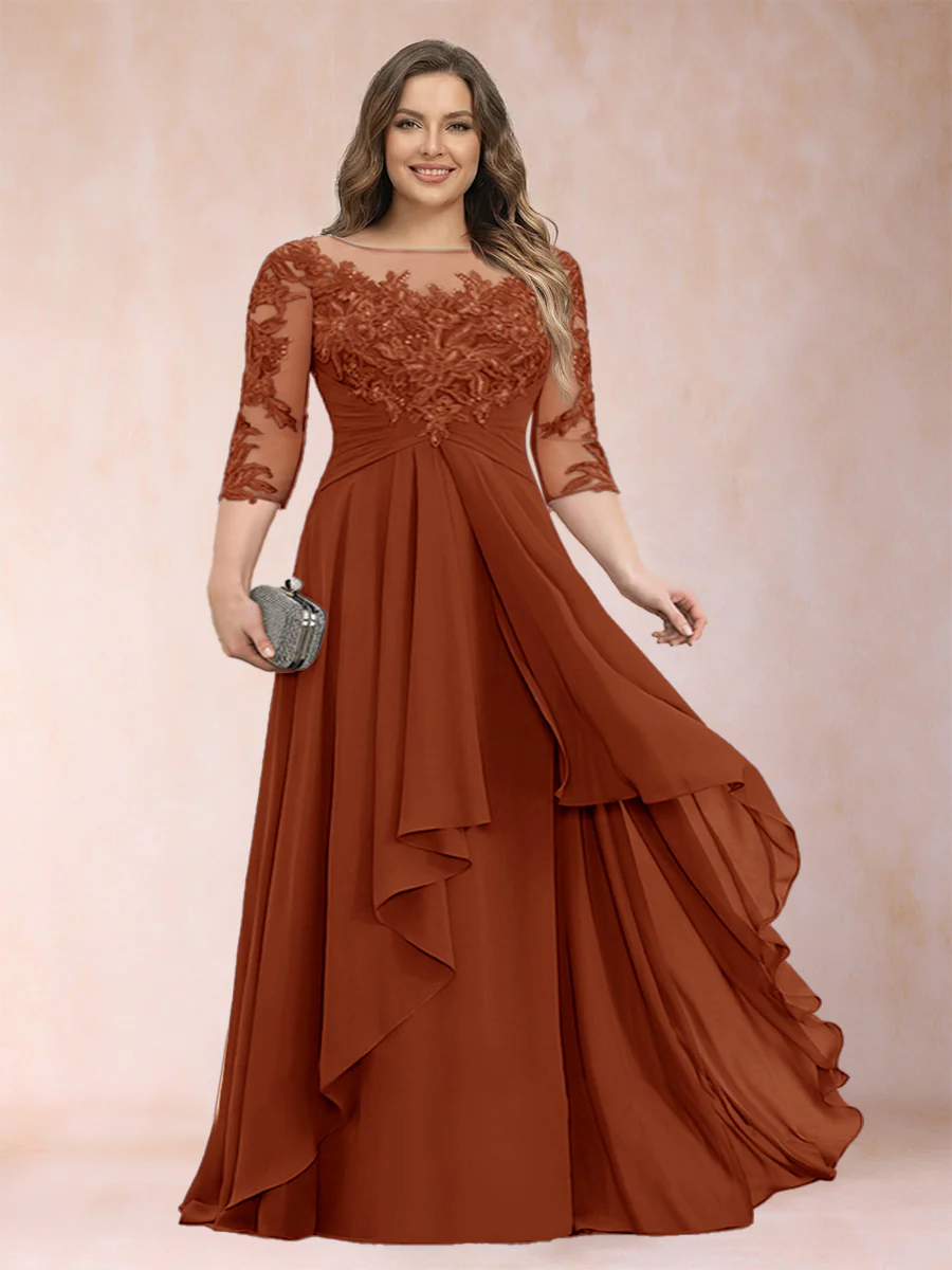 A-Line/Princess Scoop 3/4 Sleeves Chiffon Plus Size Mother of the Bride Dresses with Appliques & Ruffles - Image 9