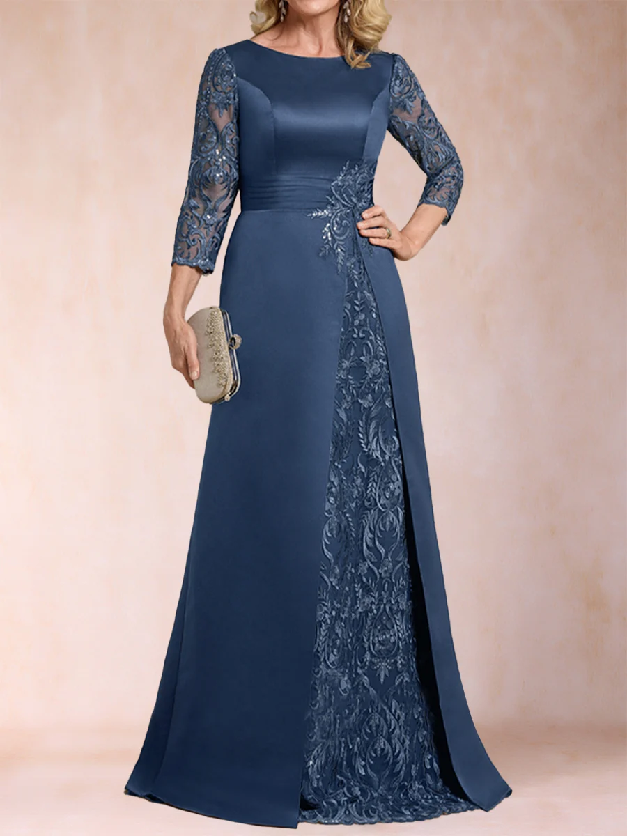 A-Line/Princess Scoop 3/4 Sleeves Satin Mother of the Bride Dresses with Appliques - Image 4