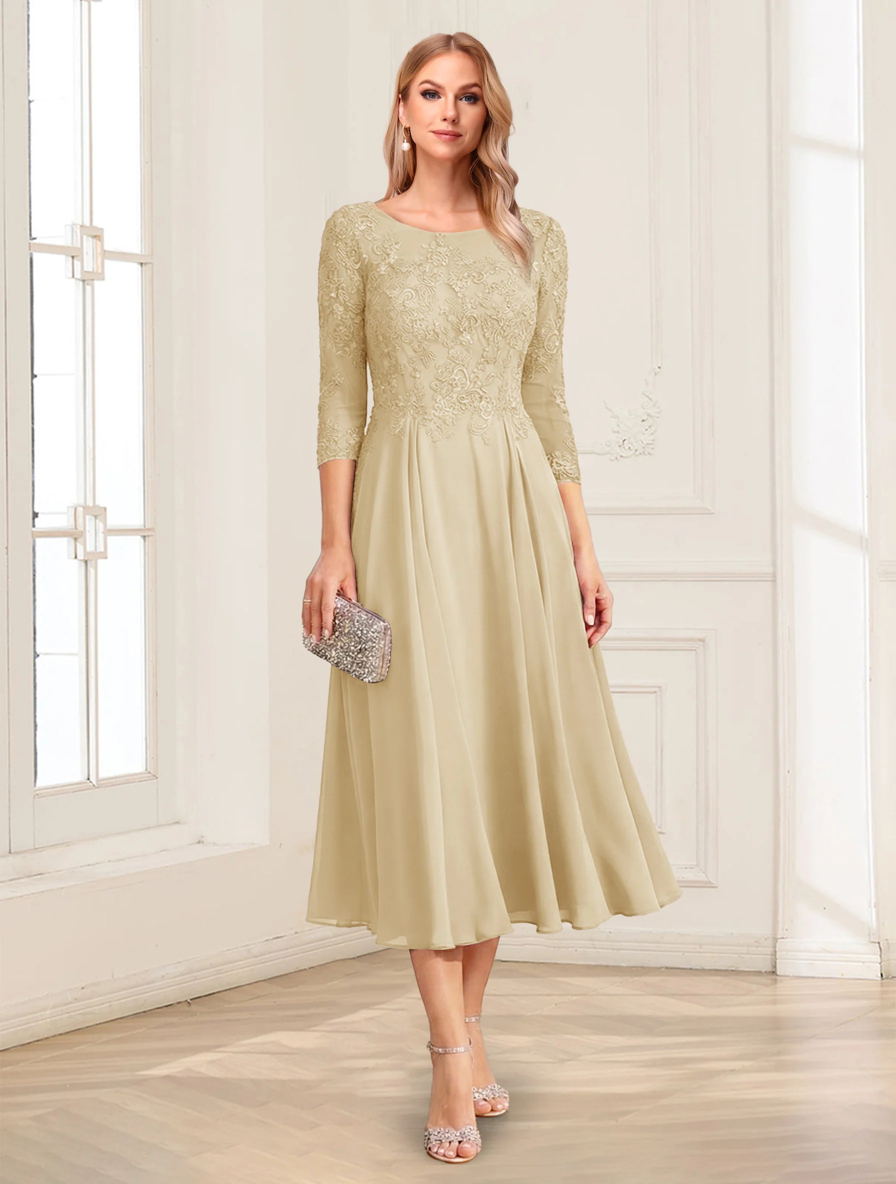 A-Line/Princess Scoop 3/4 Sleeves Tea-Length Mother of the Bride Dresses with Applique & Lace - Image 11